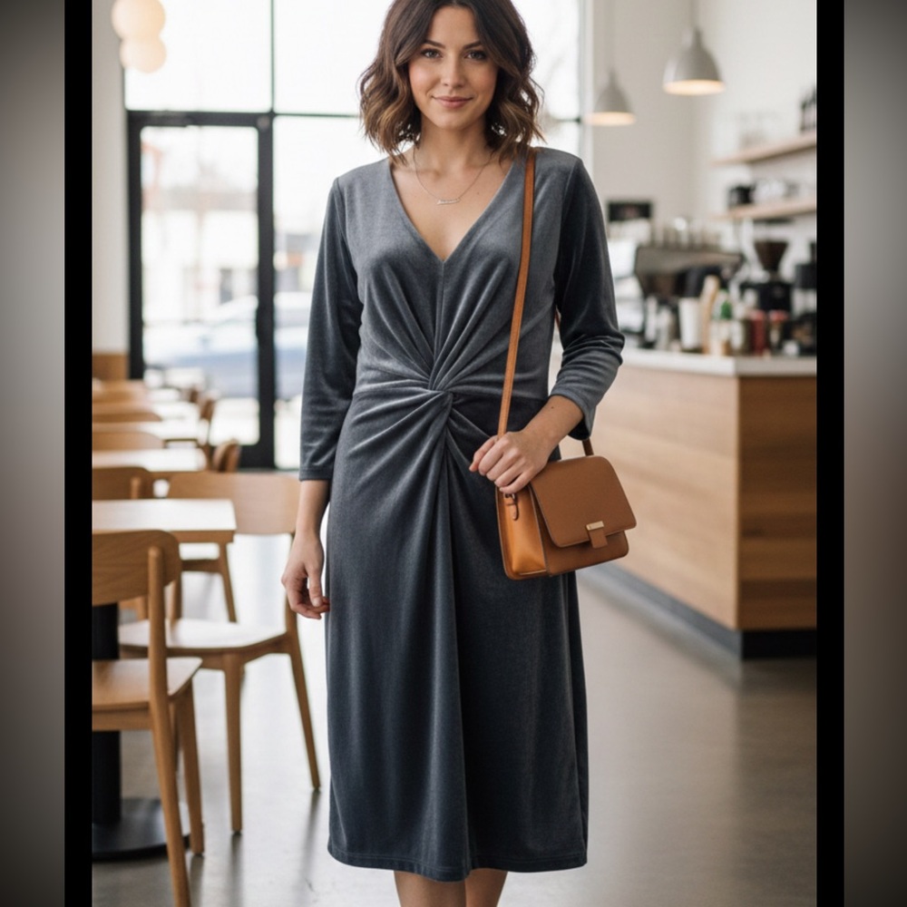 Shape FX Midi Dress Women’s Velour Ruched Waist Inner Slimming Shape Wear Gray L